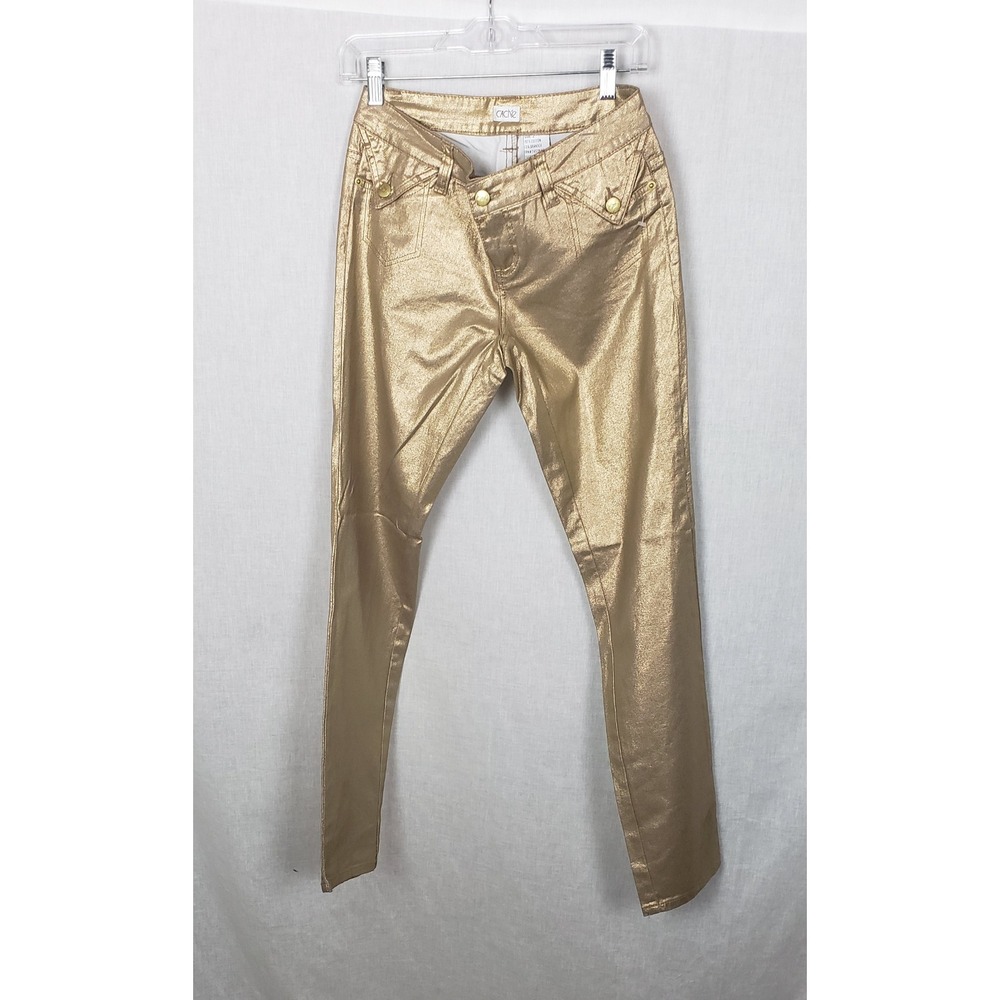 Cache Womens Metallic Gold Coated Skinny Pants Casual Novelty 2 Holiday Party - Picture 2 of 12